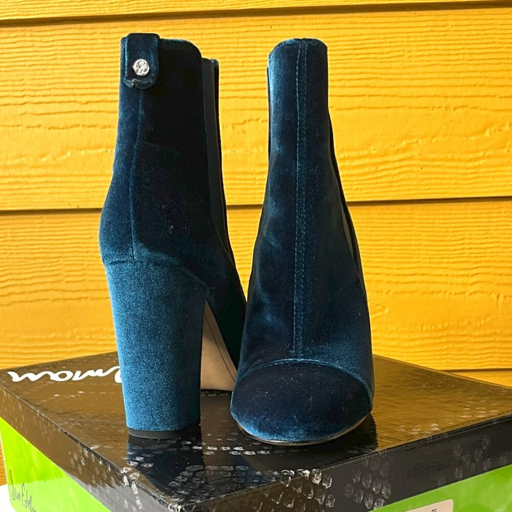 Sam Edelman Case Blue Jewel Velvet Chelsea-Inspired High Heeled Bootie